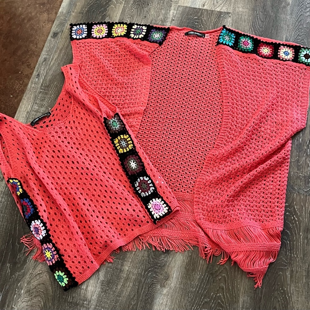 Gabby Isabella Crochet Fringe Open Cardigan Duster & Tank Set NWT